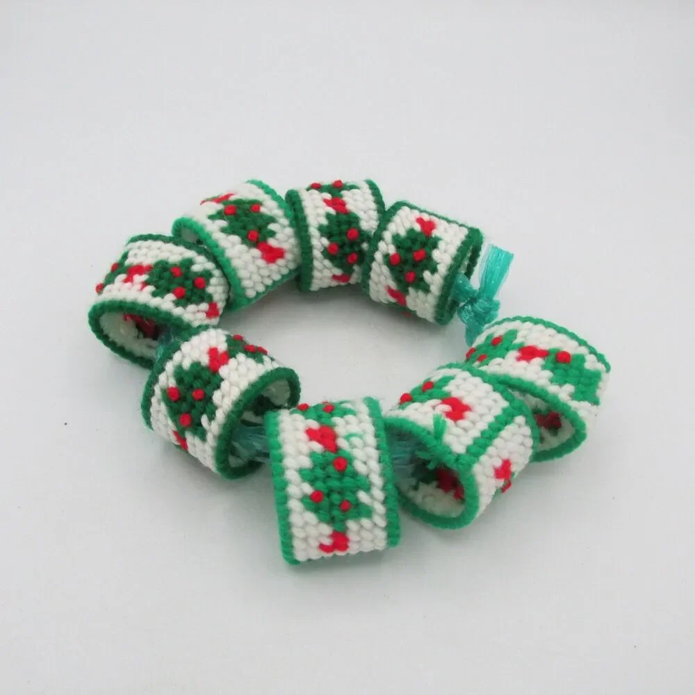 Vintage Christmas Napkin Rings Handmade Plastic Canvas Holly  Set of 8